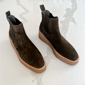 Anthropologie Silent D Uvika Women's Microsuede Green Wedge Boots Sz 38 US 7